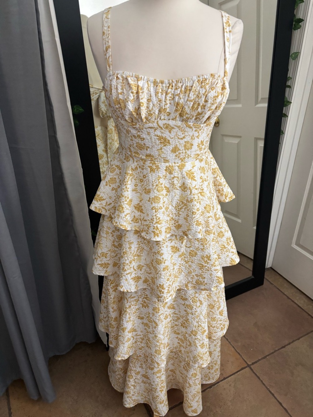 Tiered Floral Midi Dress in Yellow and White
